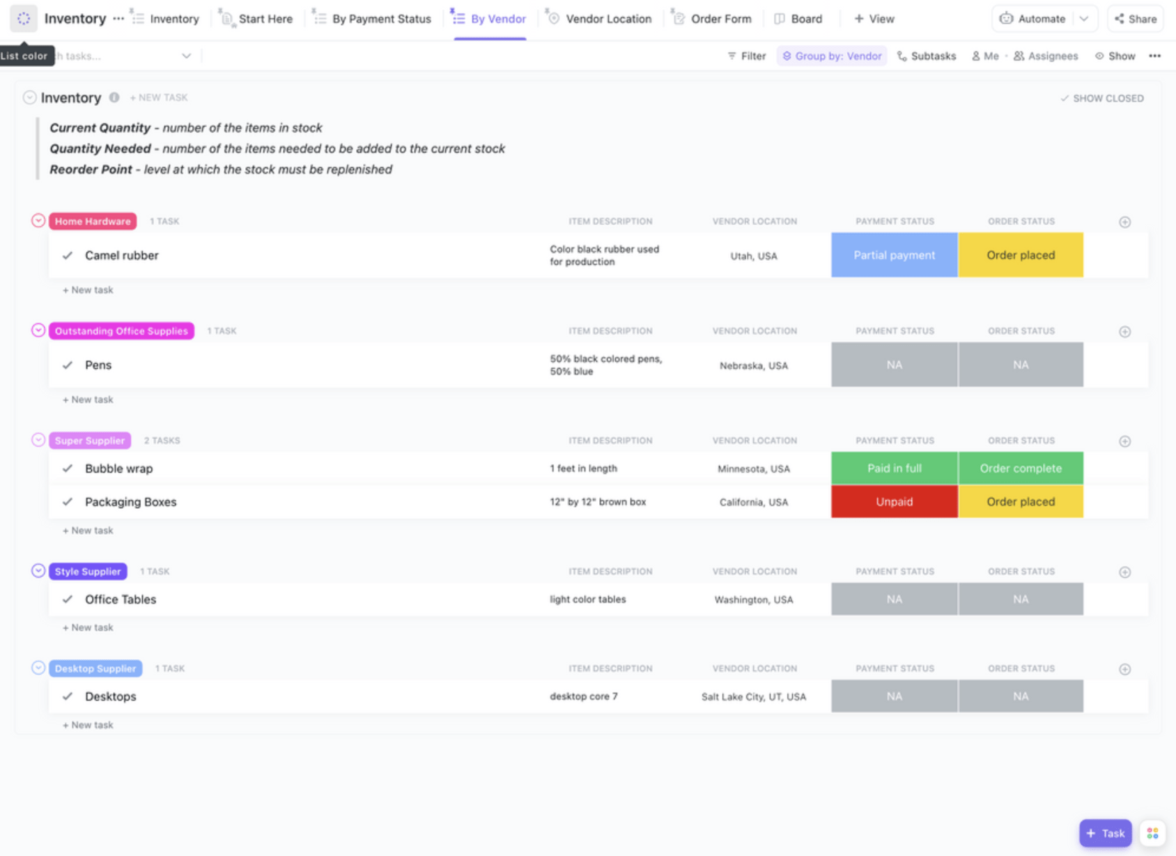 Construire une feuille d'inventaire partageable dans un ClickUp