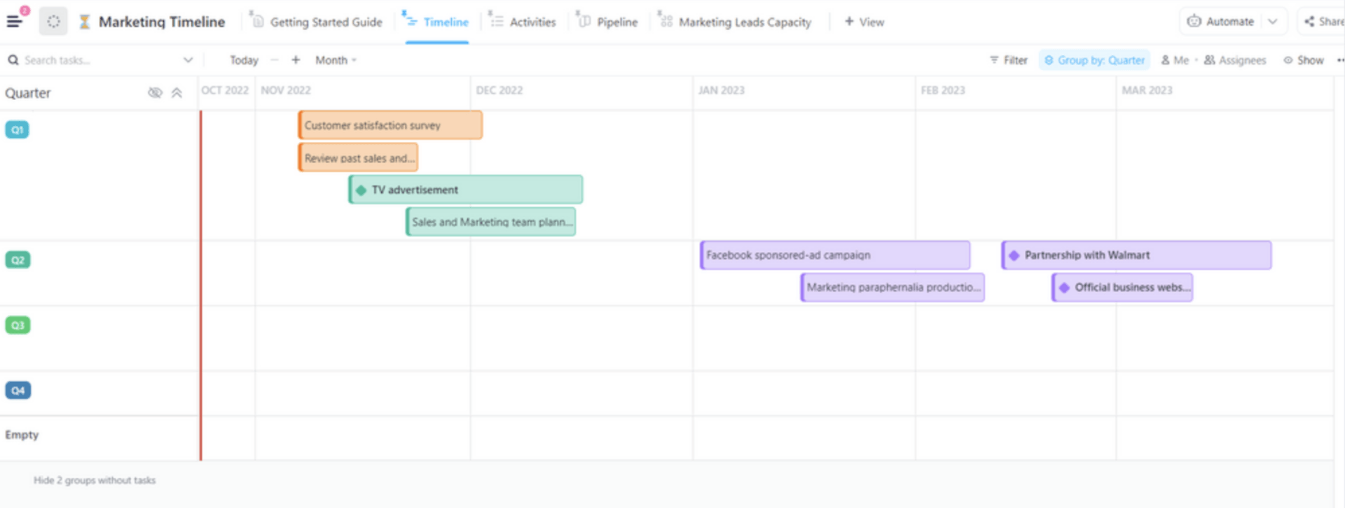 Outline project tasks and major milestones on a Gantt chart in ClickUp