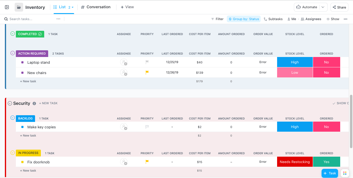 Kurangi dokumen dengan mencatat semua detail inventaris pada Daftar ClickUp