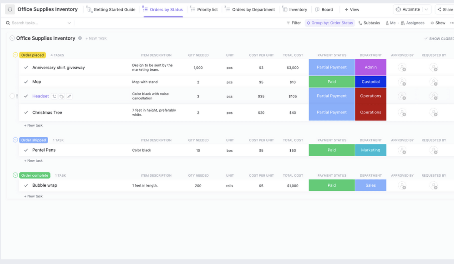 Compartir una lista de hojas de inventario en ClickUp con los miembros del equipo