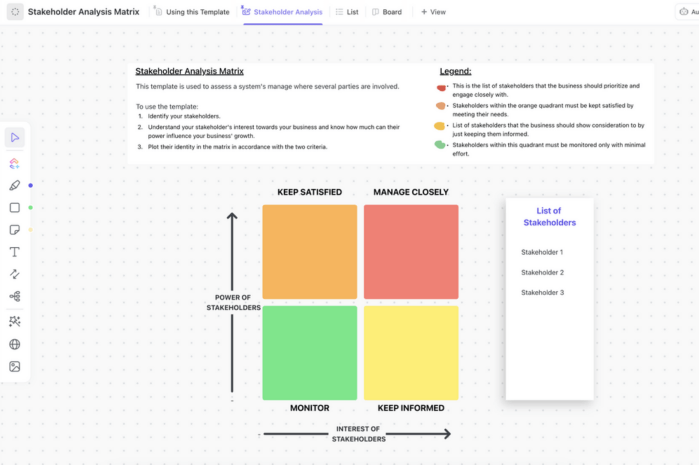 ClickUp Stakeholder Analysis Matrix template