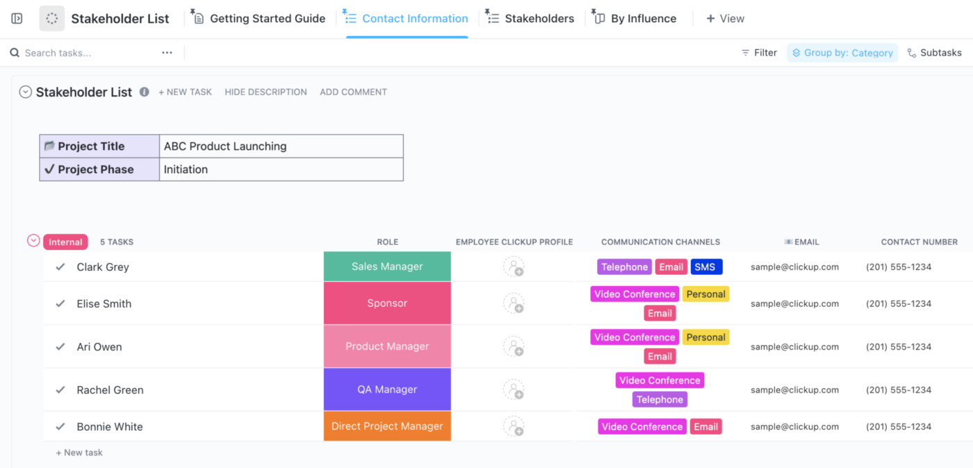 Gestion des parties prenantes : Modèle de liste des parties prenantes ClickUp