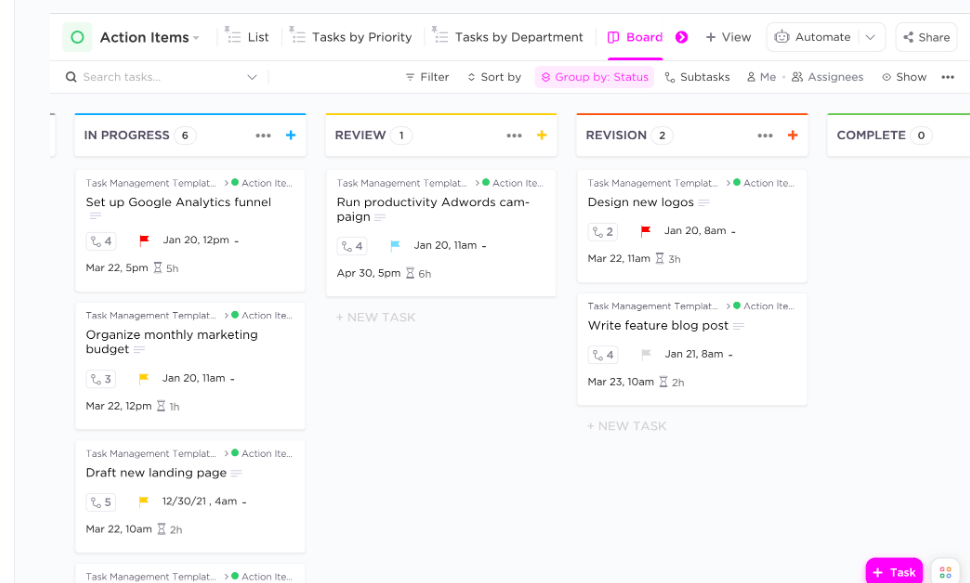 Gestione fácilmente las tareas de todo el equipo y utilice vistas personalizadas como la vista de tablero para delegar el trabajo de forma más eficiente