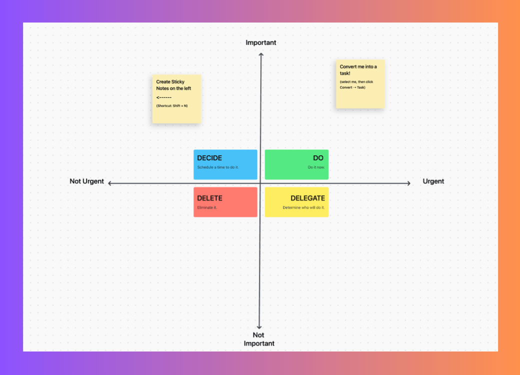 With ClickUp’s Eisenhower Matrix Whiteboard Template, you can rank your tasks by importance and delegate them accordingly