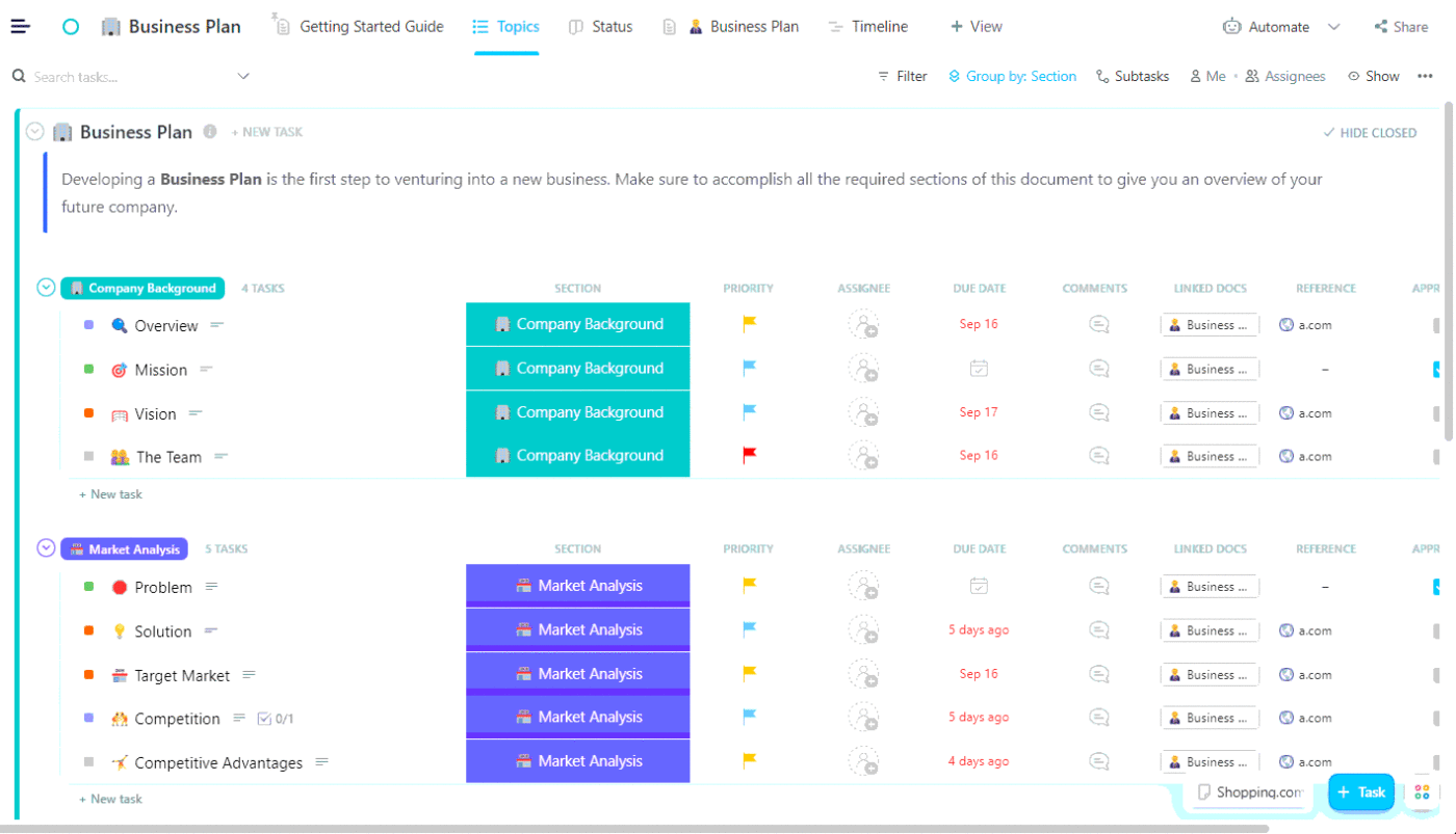 ClickUp의 비즈니스 플랜 템플릿