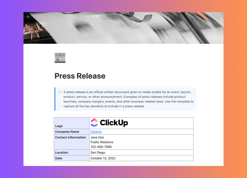 Press Release Template by ClickUp