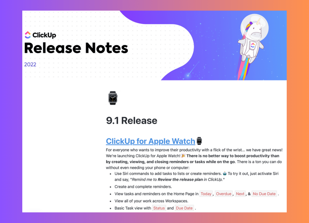 Vorlage für Release Notes von ClickUp