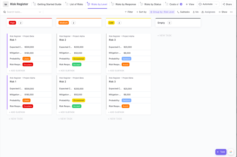 Gestite i vostri progetti ed evitate i rischi utilizzando questo modello di cartella del registro dei rischi di ClickUp