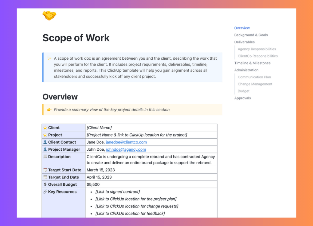 Access this detailed and customizable Scope of Work Template by ClickUp to use alongside the team at anytime 