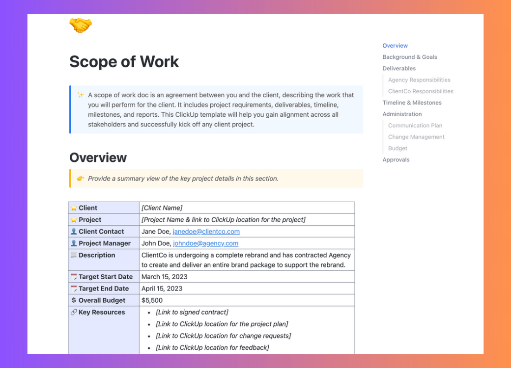 Accedete a questo modello dettagliato e personalizzabile di Scope of Work di ClickUp per utilizzarlo insieme al team in qualsiasi momento