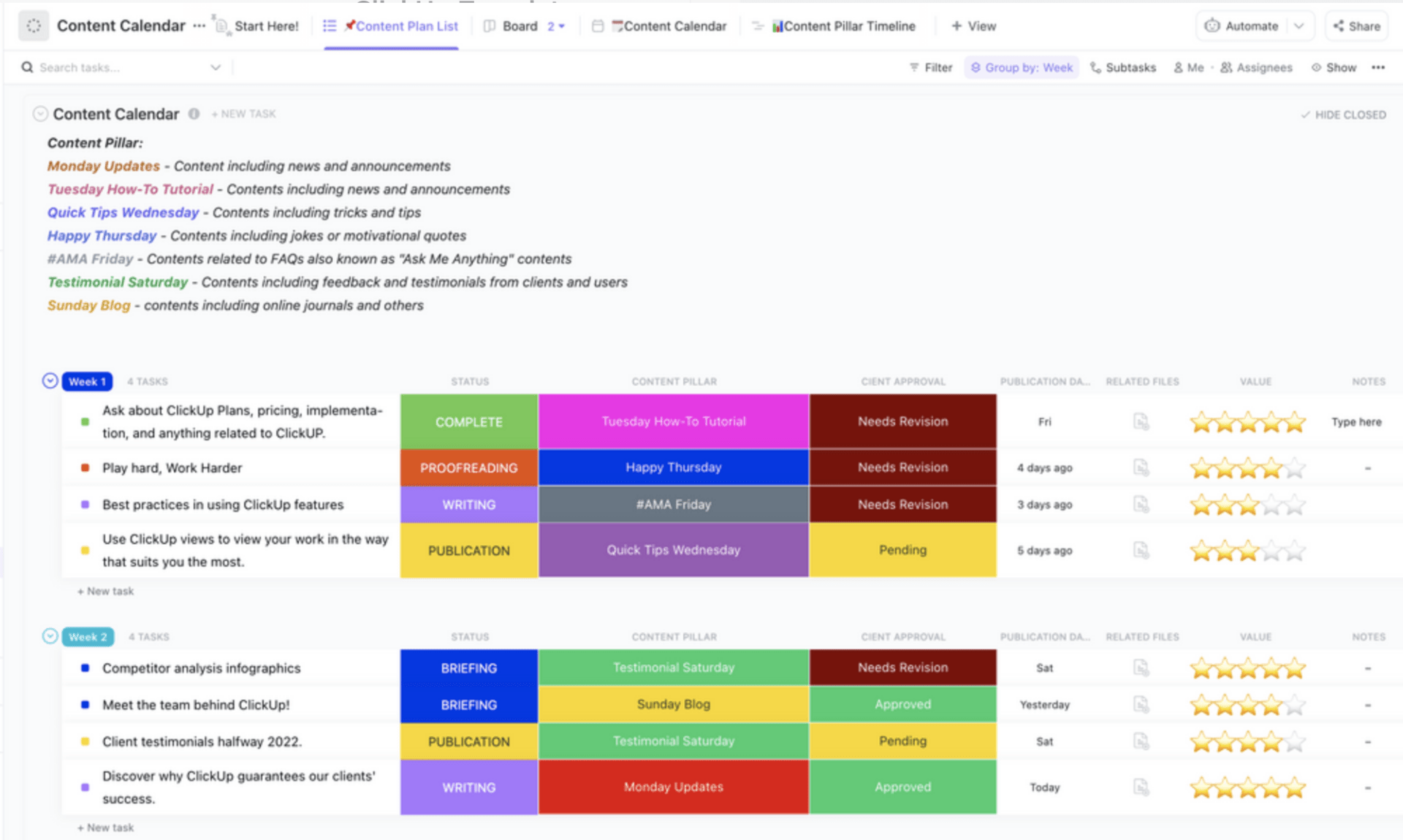 Create a list of content to be published within a period and make a detailed content plan using the ClickUp Content Calendar Template