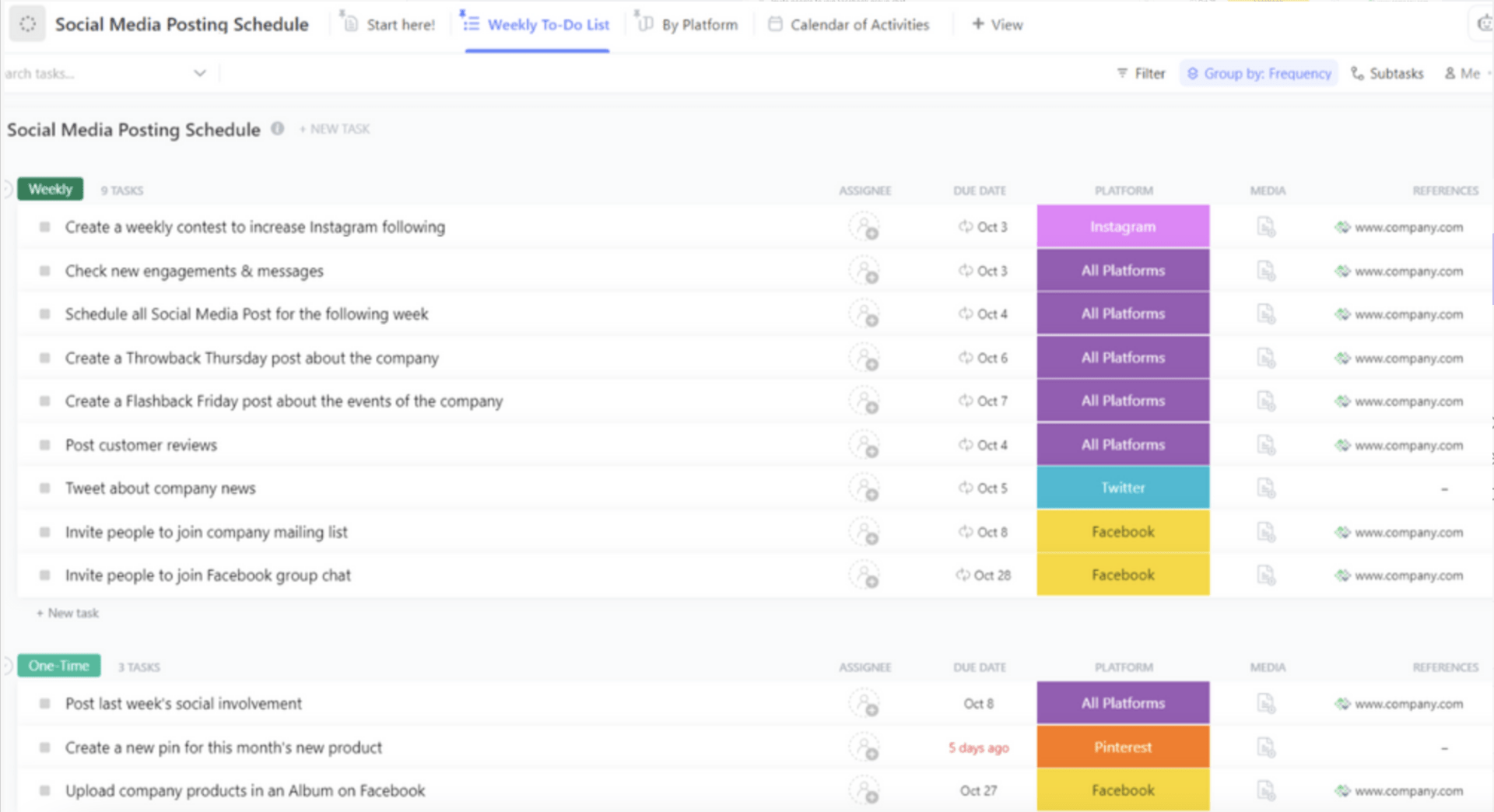 Plantilla de calendario de publicaciones en redes sociales de ClickUp