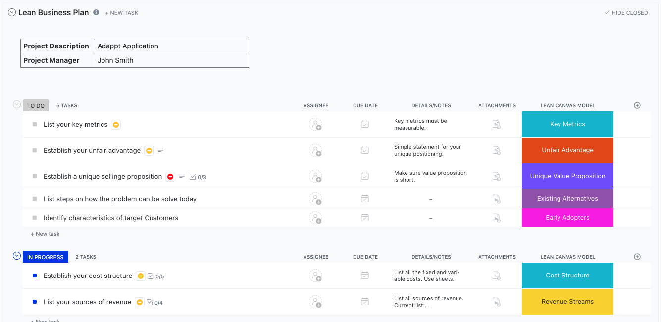 Turn the process of creating a business plan into tasks and easily track their progress using the ClickUp Lean Business Plan Template