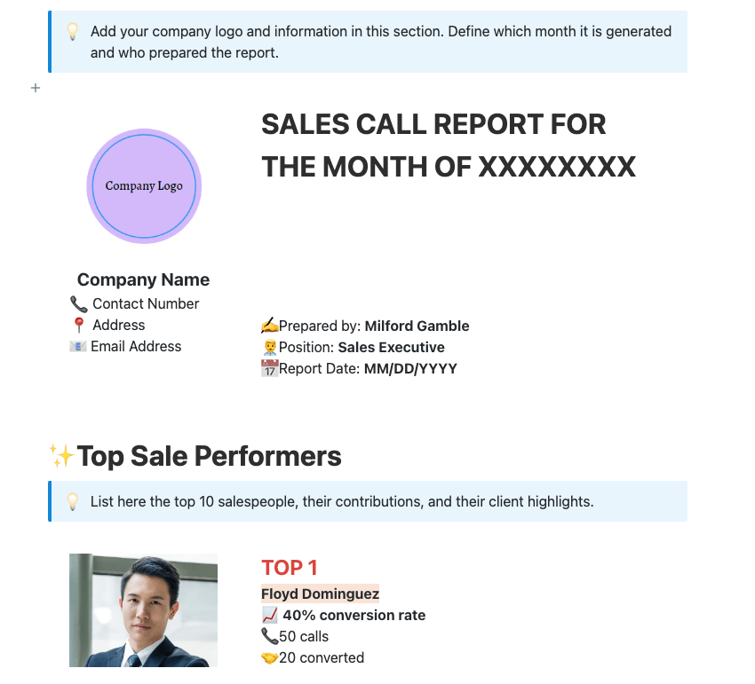 Use this ClickUp Sales Monthly Report Template to identify your top sales agent, number of calls made, and conversion rate