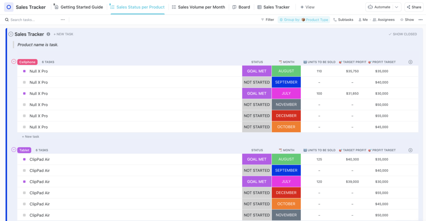 Plantilla de seguimiento de ventas de ClickUp