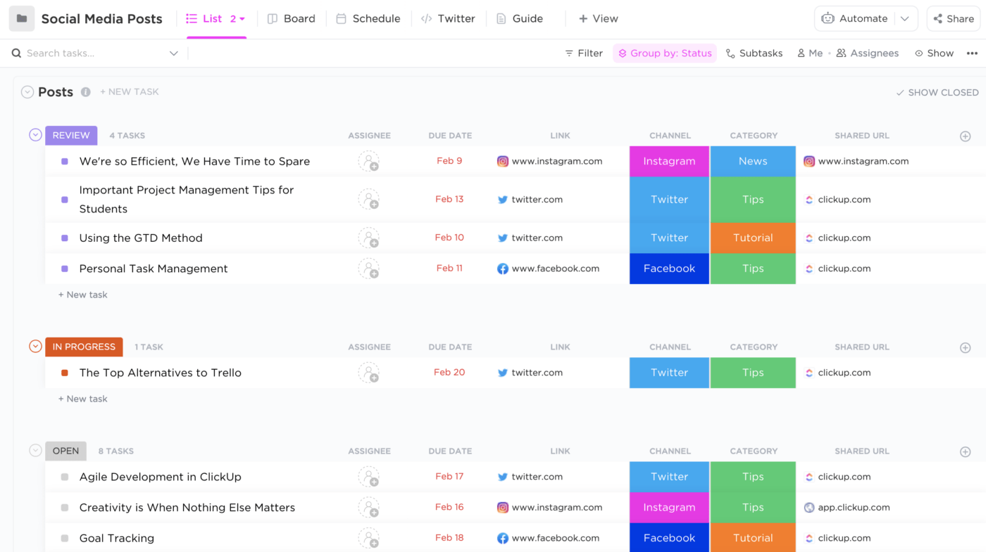 Utilisation de ClickUp pour la gestion des médias sociaux