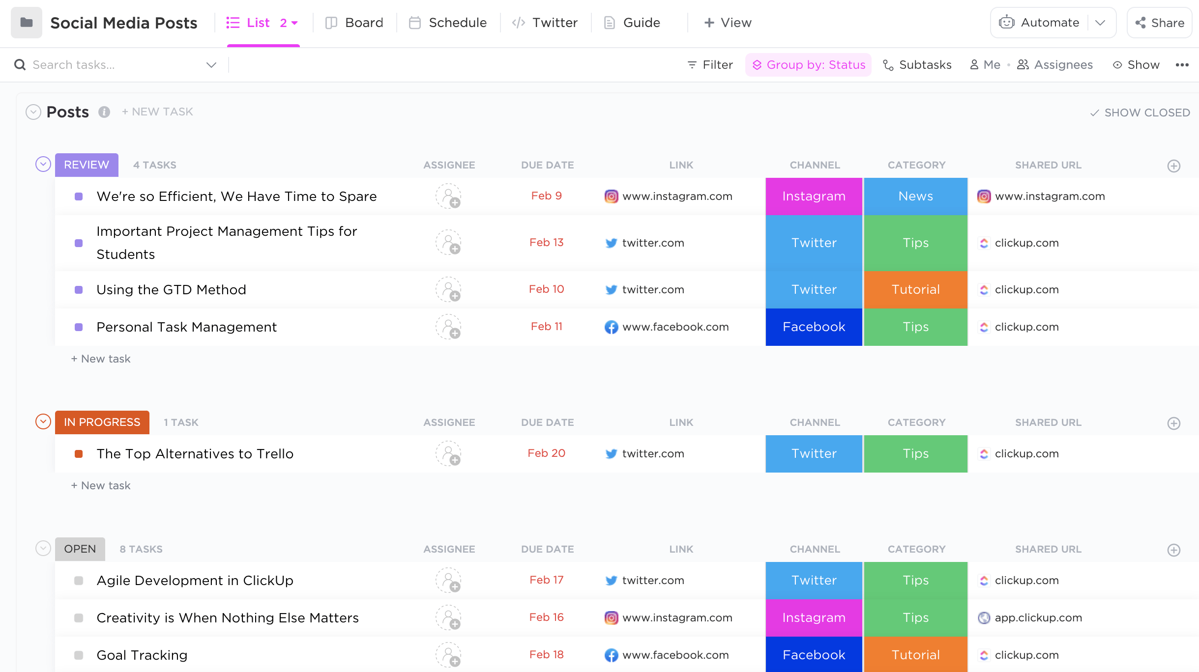 O modelo de postagem em mídia social do ClickUp vem com cinco visualizações personalizadas que ajudam a simplificar o processo de gerenciamento de conteúdo do início ao fim