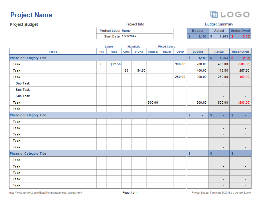 Vertex Excel WBS voor projectbudget sjabloon