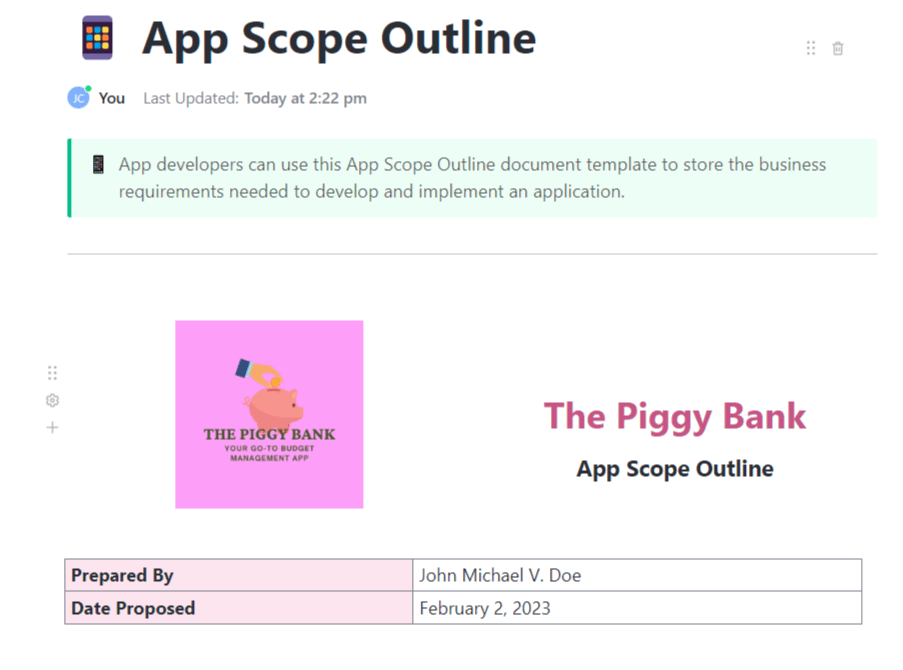 ClickUp's App Scope Outline Template is designed to help you capture ideas and define the scope of an app project.