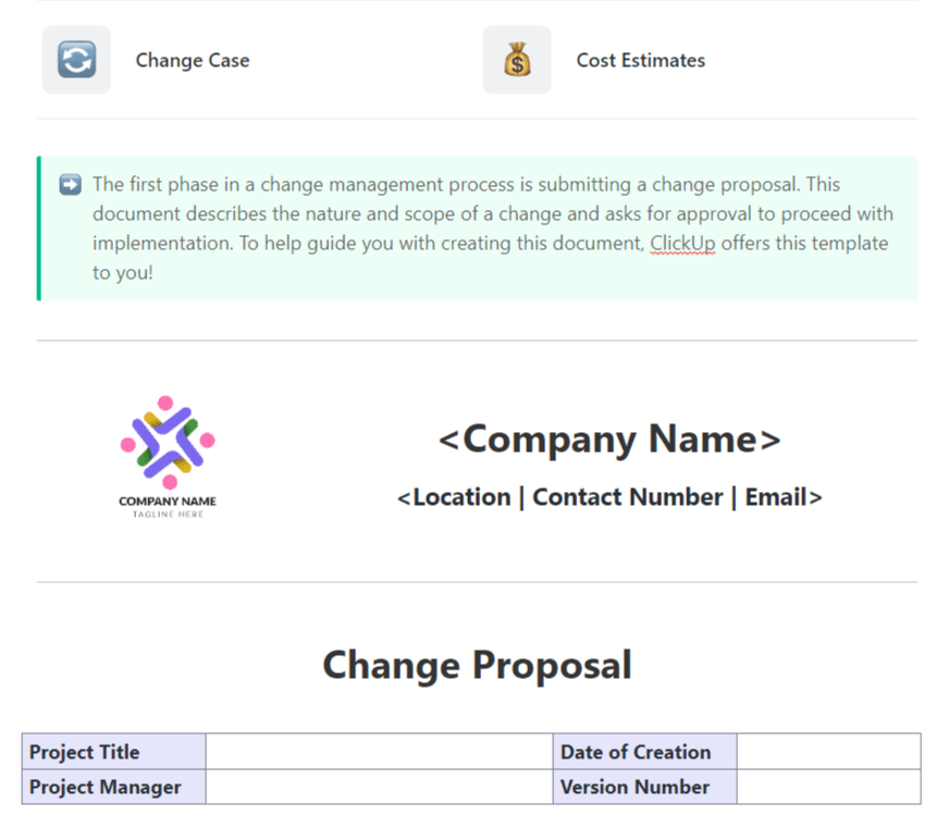 Drive structure to your change approval process with ClickUp’s Change Proposal Template 