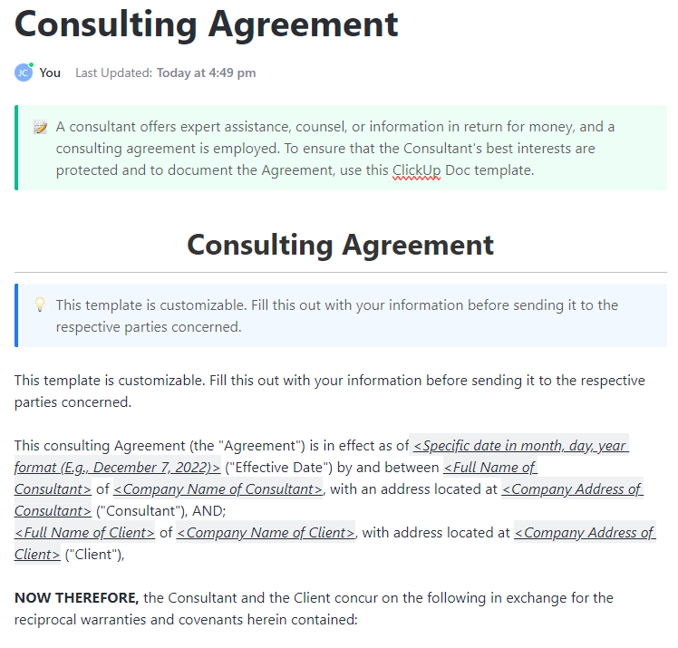 ClickUp's Consulting Agreement Template