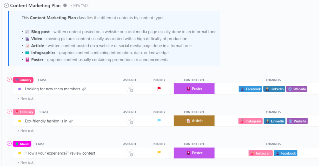 Modello per influencer: Modello di marketing dei contenuti di ClickUp