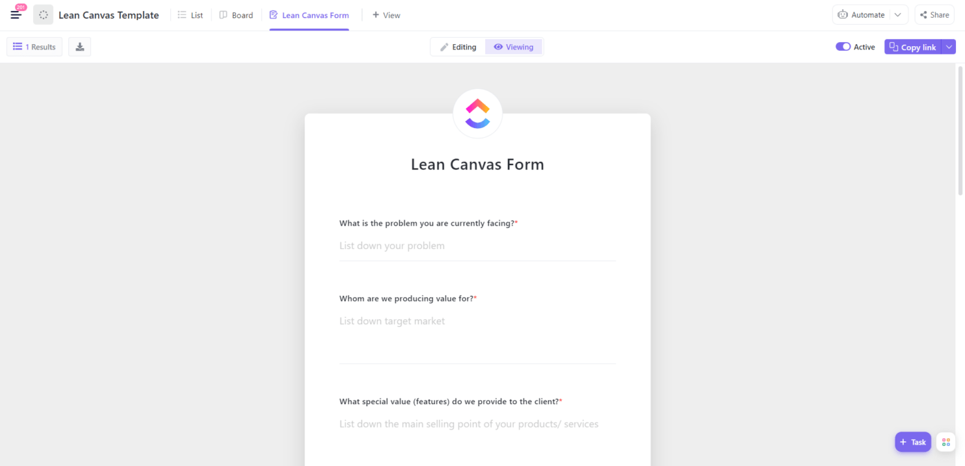 Lean Canvas Template by ClickUp