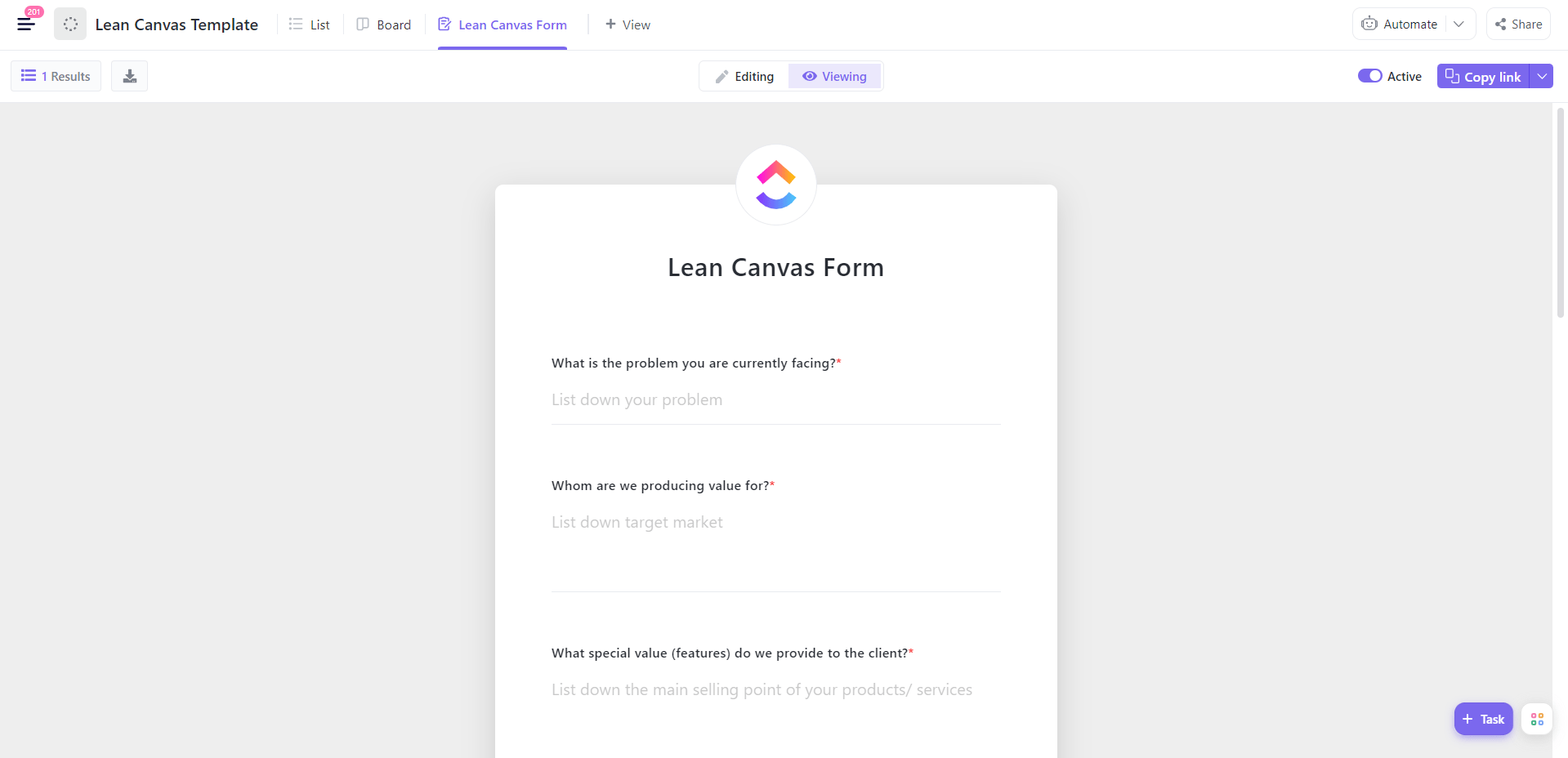 Lean Canvas Template by ClickUp