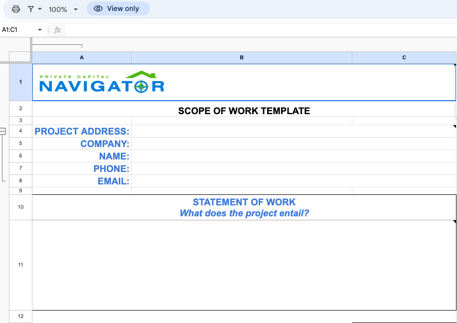 Google Sheets Scope of Work Template
