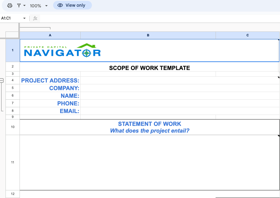 Fogli Google modello di ambito di lavoro