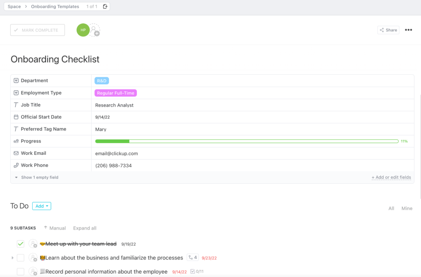 Modelo de lista de verificação de integração do ClickUp