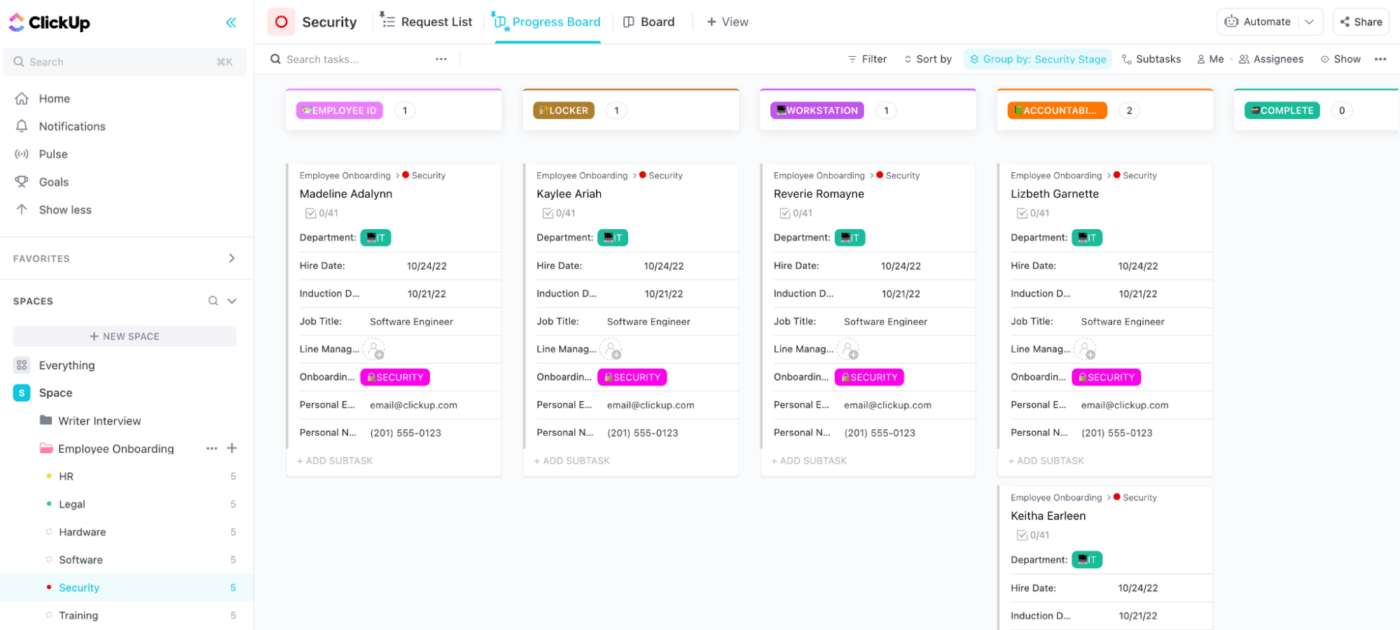 Modello per l'inserimento dei dipendenti di ClickUp