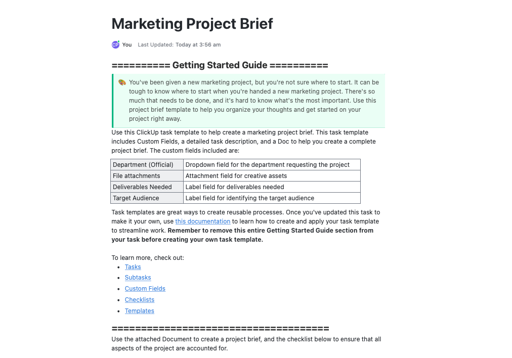 Use Marketing Project Brief Template by ClickUp to help you organize your thoughts and get started on your project right away
