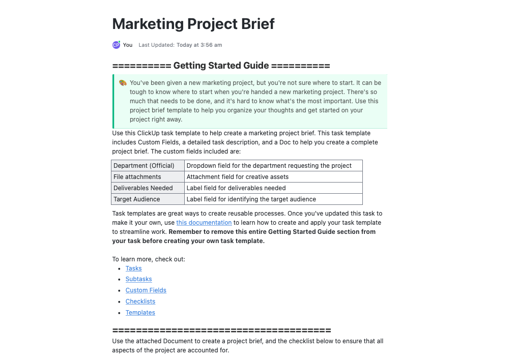 Use o Marketing Project Brief Template da ClickUp para ajudá-lo a organizar seus pensamentos e começar a trabalhar em seu projeto imediatamente