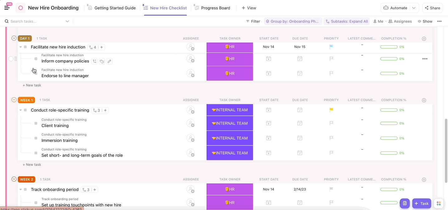 Plantilla de incorporación de nuevos empleados de ClickUp