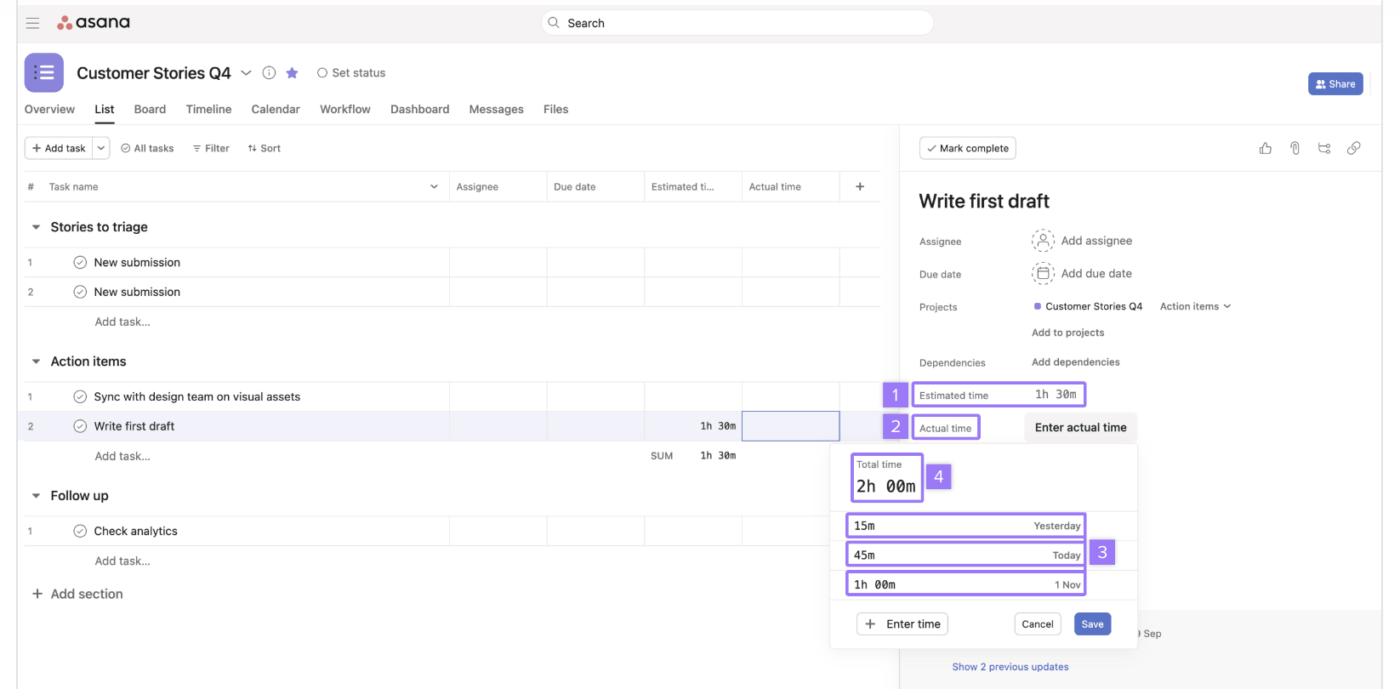 Función de control de tiempo de Asana