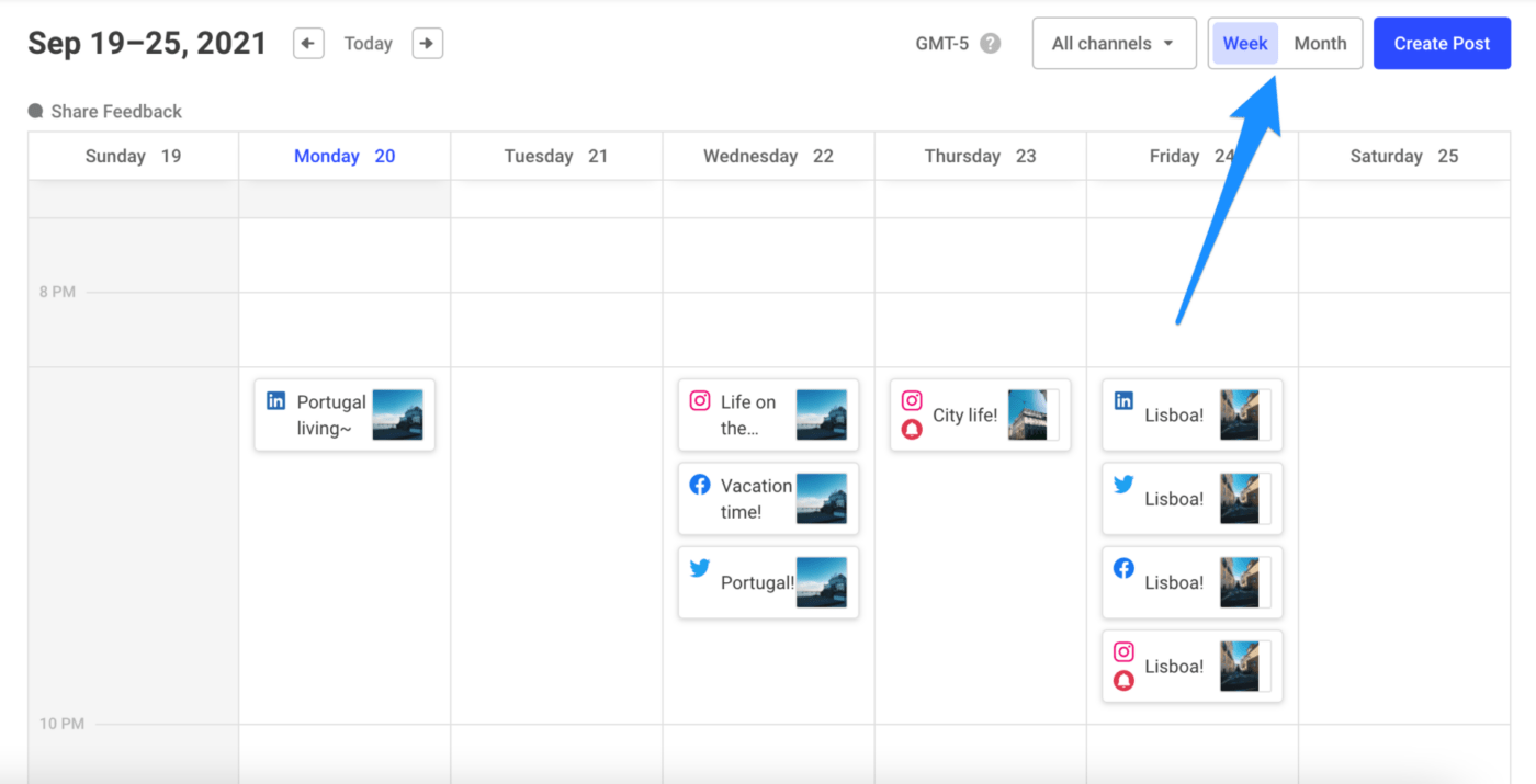 Content creation apps: Buffer week toggle calendar view example