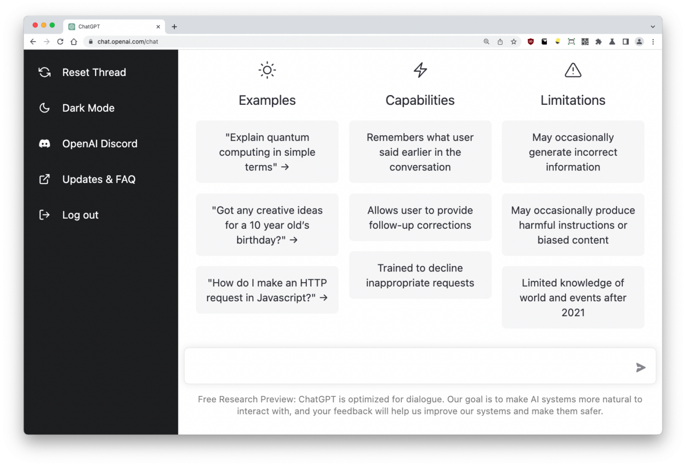 Chat GPT's dashboard