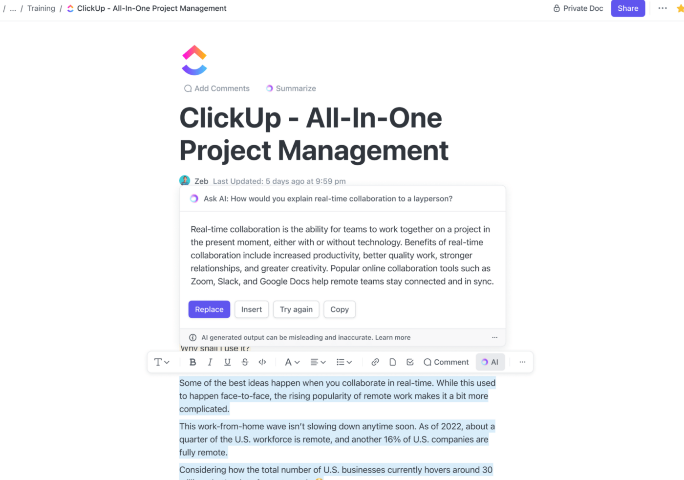 Writing copy with ClickUp AI