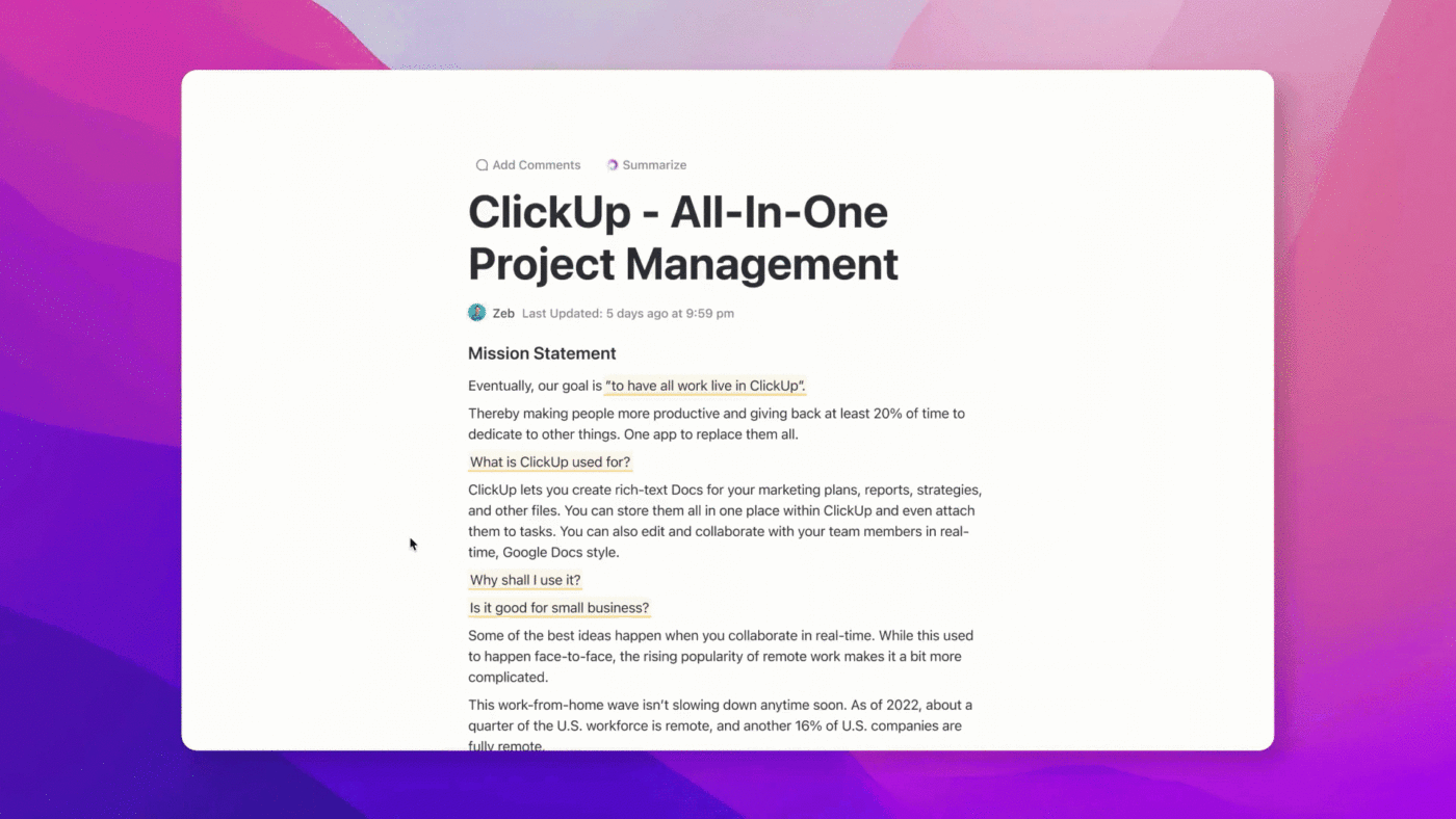 Elevate your writing skills and quickly bring your thoughts to life in a clear, concise and compelling way with ClickUp AI