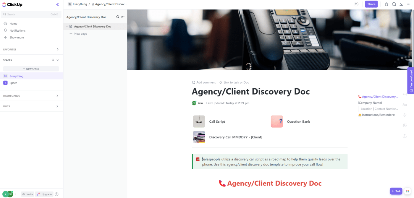 ClickUp Agency or Client Discovery Call Template