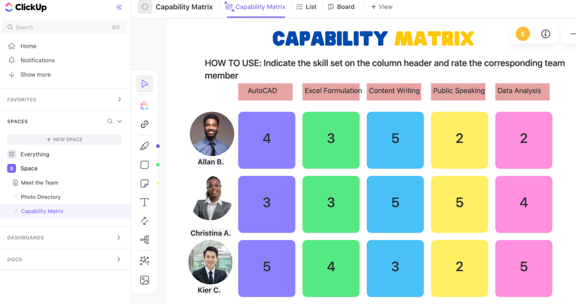 Plantilla de la matriz de capacidades del equipo ClickUp