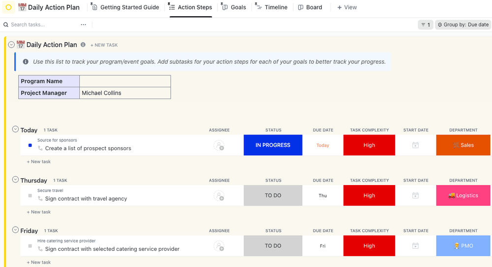 Szablon planu działania w zakresie zarządzania zmianą ClickUp