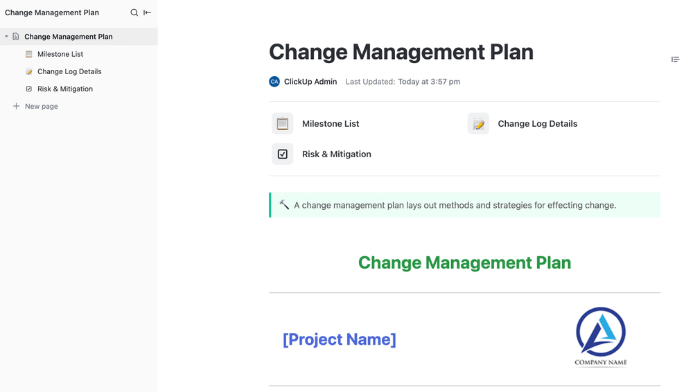 Modello di documento per il piano di gestione delle modifiche di ClickUp