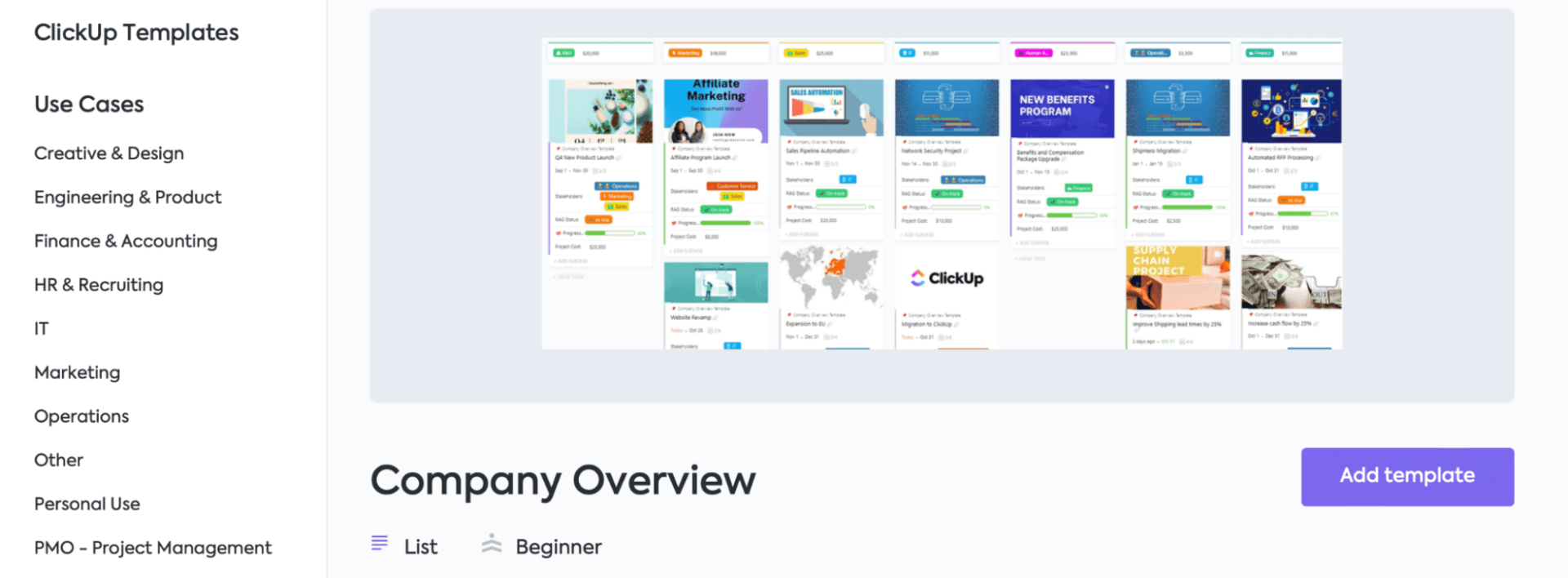 Employees often lack visibility into company-wide decisions, but ClickUp Company Overview Template empowers teams with a single hub of all initiatives, accessible anytime