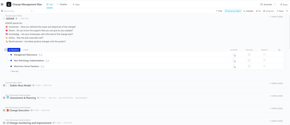 A screenshot of ClickUp's Comprehensive Change Management Plan Template