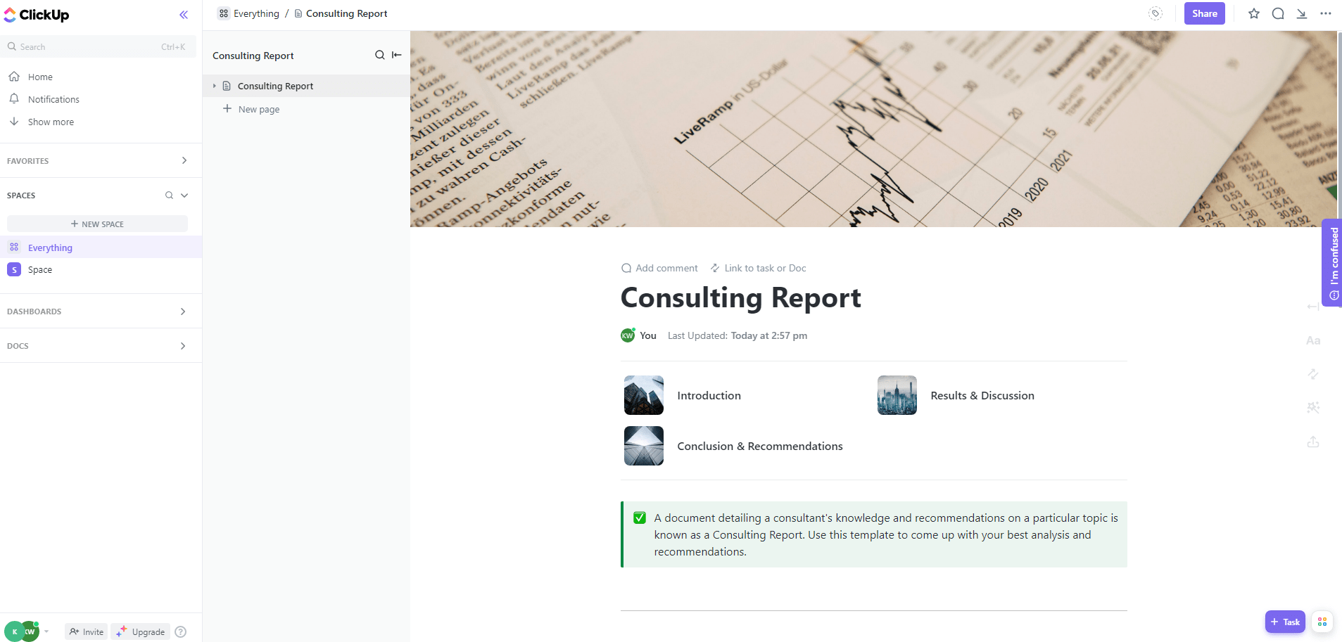 ClickUp's Consulting Report Template is designed to help you generate professional reports for clients.