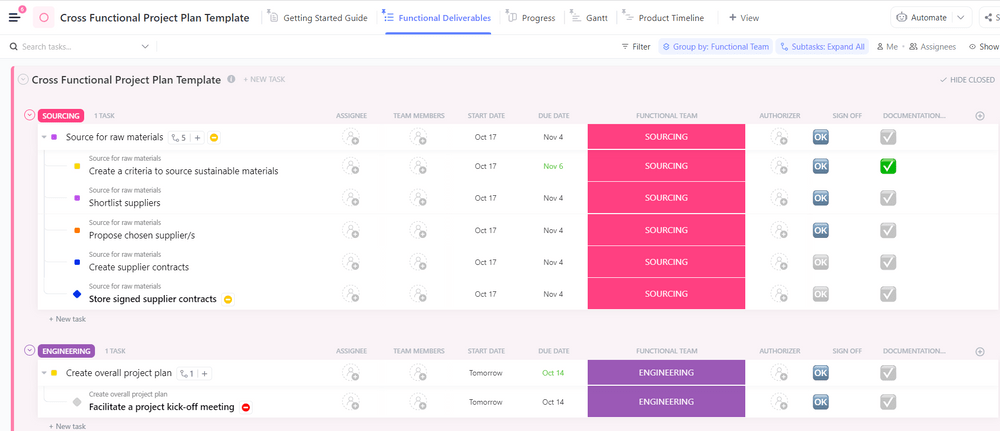 ClickUp 교차 기능 프로젝트 계획 템플릿