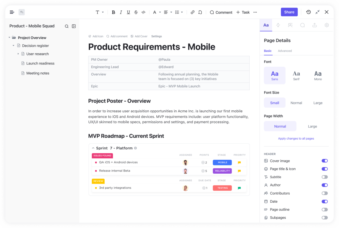 ClickUp Docs List View example of Product Requirements