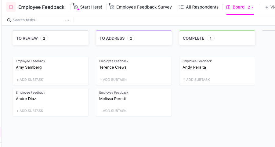 All hands meeting: ClickUp Employee Feedback Form Template- Board view